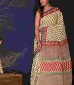 Marron black hand block printed cotton saree