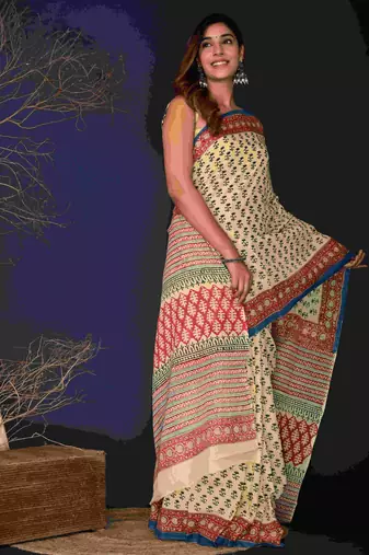 Marron black hand block printed cotton saree