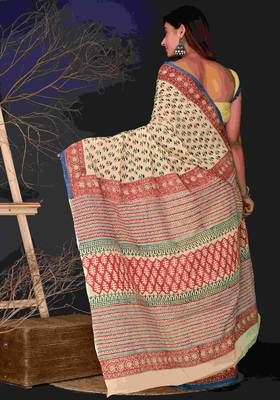 Marron black hand block printed cotton saree 3