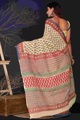 Marron black hand block printed cotton saree