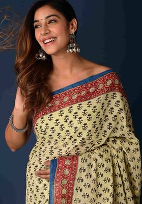 Marron black hand block printed cotton saree 4