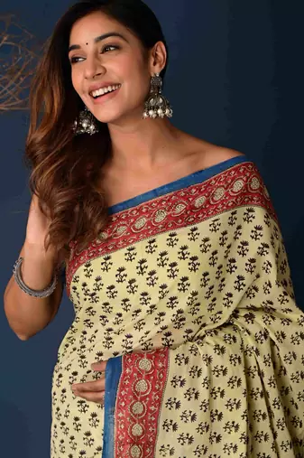 Marron black hand block printed cotton saree