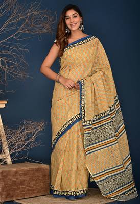 Yellow hand block printed cotton saree 1