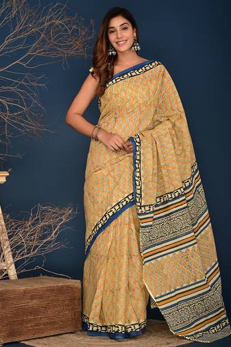 Yellow hand block printed cotton saree