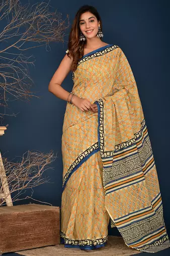 Yellow hand block printed cotton saree