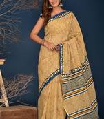 Yellow hand block printed cotton saree