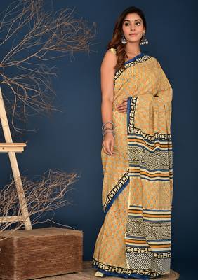 Yellow hand block printed cotton saree 2