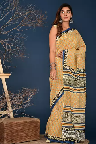 Yellow hand block printed cotton saree
