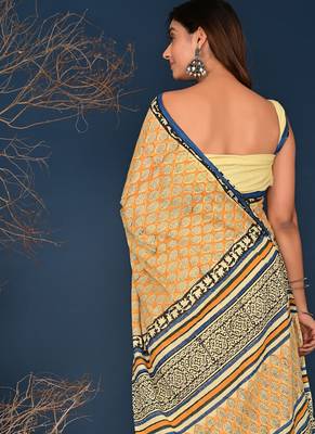 Yellow hand block printed cotton saree 3