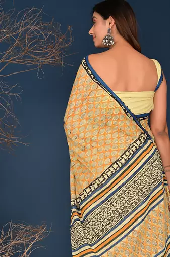 Yellow hand block printed cotton saree