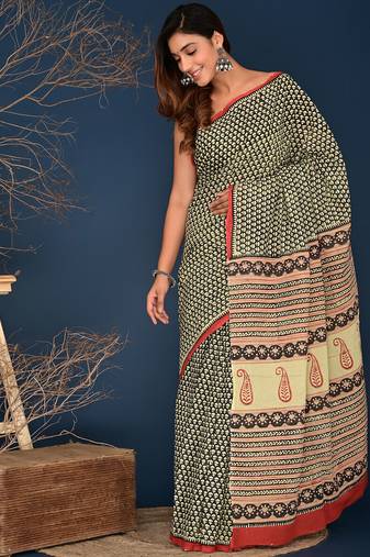 Black hand block printed cotton saree