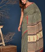 Black hand block printed cotton saree