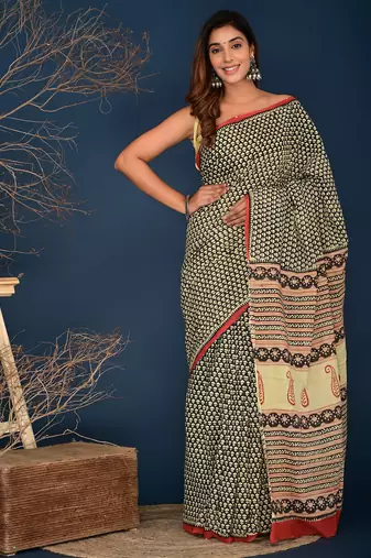 Black hand block printed cotton saree