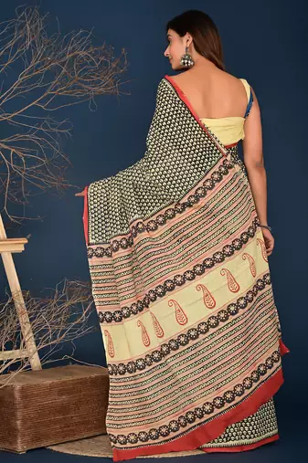 Black hand block printed cotton saree