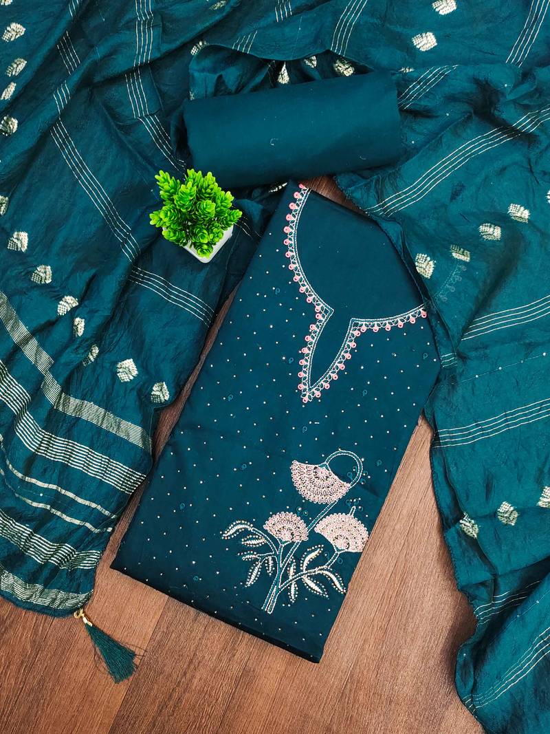 Blue jaam cotton embroidery dress material with dupatta