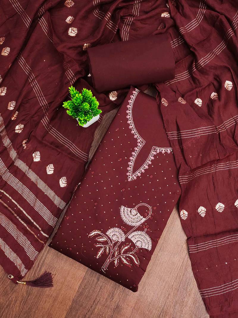Maroon jaam cotton embroidery dress material with dupatta