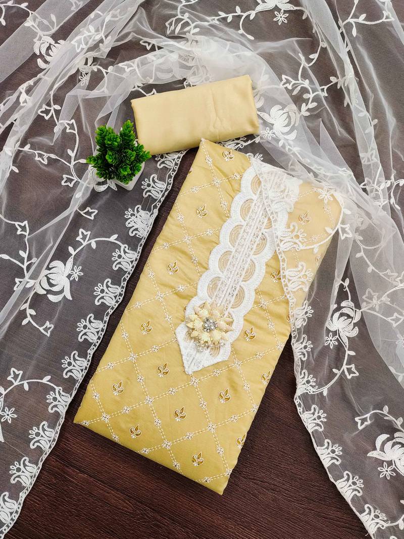 Beige modal silk printed dress material with dupatta