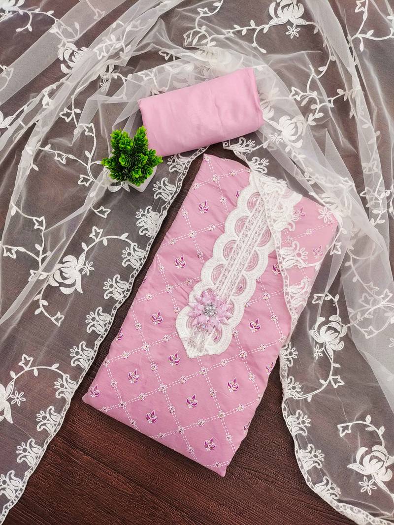 Pink modal silk printed dress material with dupatta