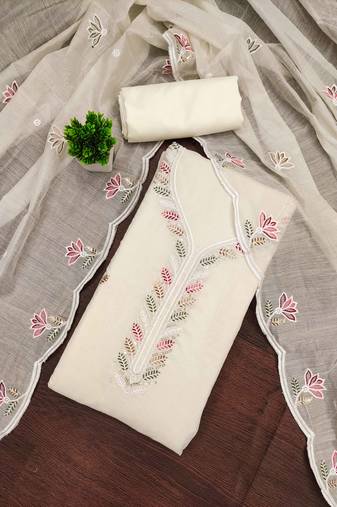 Beige chanderi cotton sequins dress material with dupatta