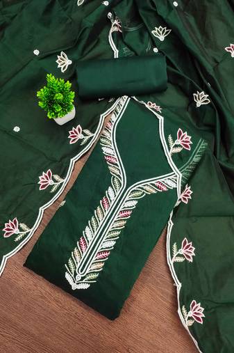 Green chanderi cotton sequins dress material with dupatta