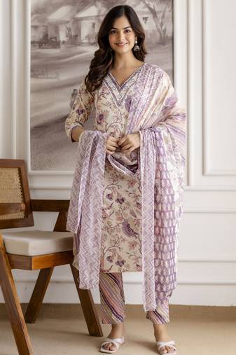 women's pure cotton embroidery work printed kurta pant with dupatta set