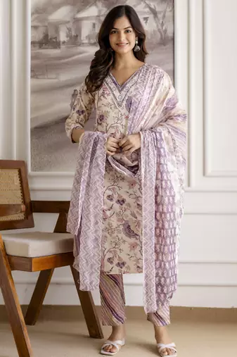 women's pure cotton embroidery work printed kurta pant with dupatta set
