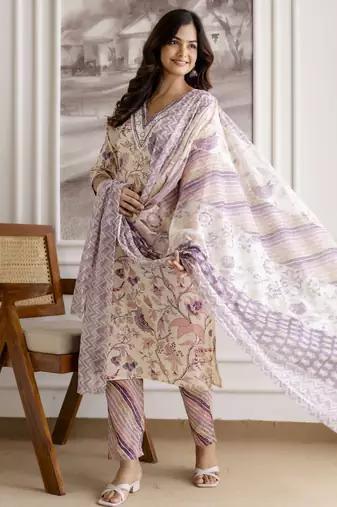 Trendmalls women's pure cotton embroidery work printed kurta pant with dupatta set