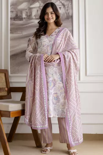women's pure cotton embroidery work printed kurta pant with dupatta set