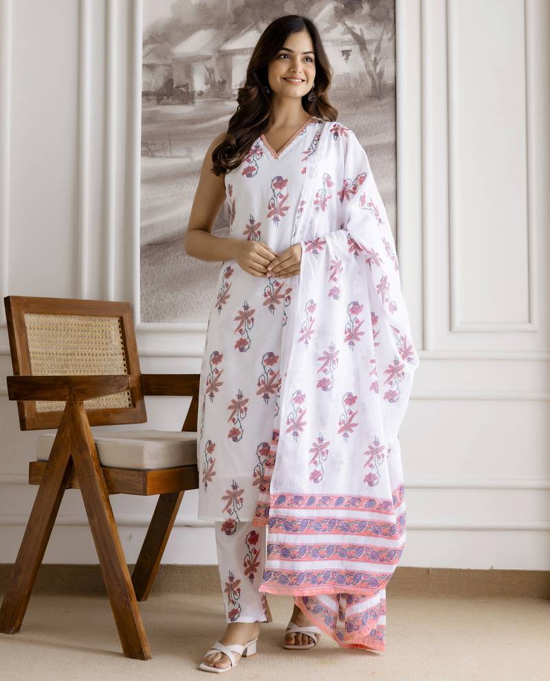 women's pure cotton floral printed kurta pant with dupatta set