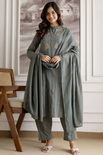 women's pure cotton embroidery work kurta pant with dupatta set