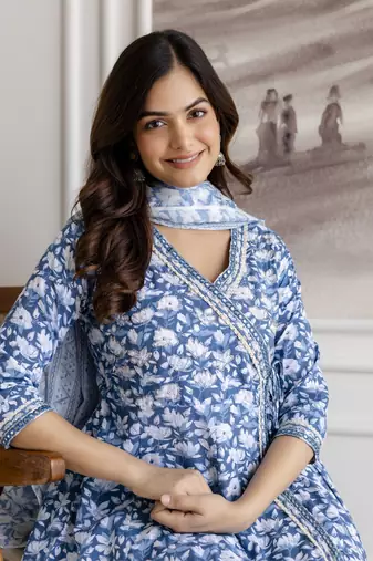 Trendmalls women's pure cotton embroidery work printed angrakha