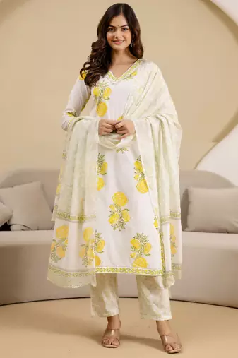 women's pure cotton floral printed kurta pant with dupatta set