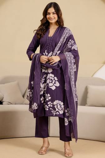 women's pure cotton embroidery work printed kurta pant with dupatta set