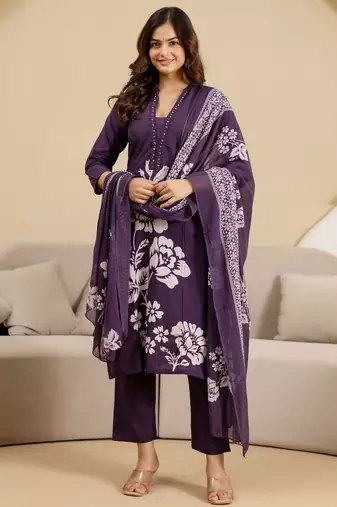 women's pure cotton embroidery work printed kurta pant with dupatta set