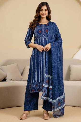 women's pure cotton embroidery work printed kurta pant with dupatta set