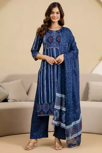 women's pure cotton embroidery work printed kurta pant with dupatta set