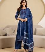 Trendmalls women's pure cotton embroidery work printed kurta pant with dupatta set