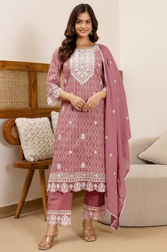women's pure cotton embroidery work printed kurta pant with dupatta set