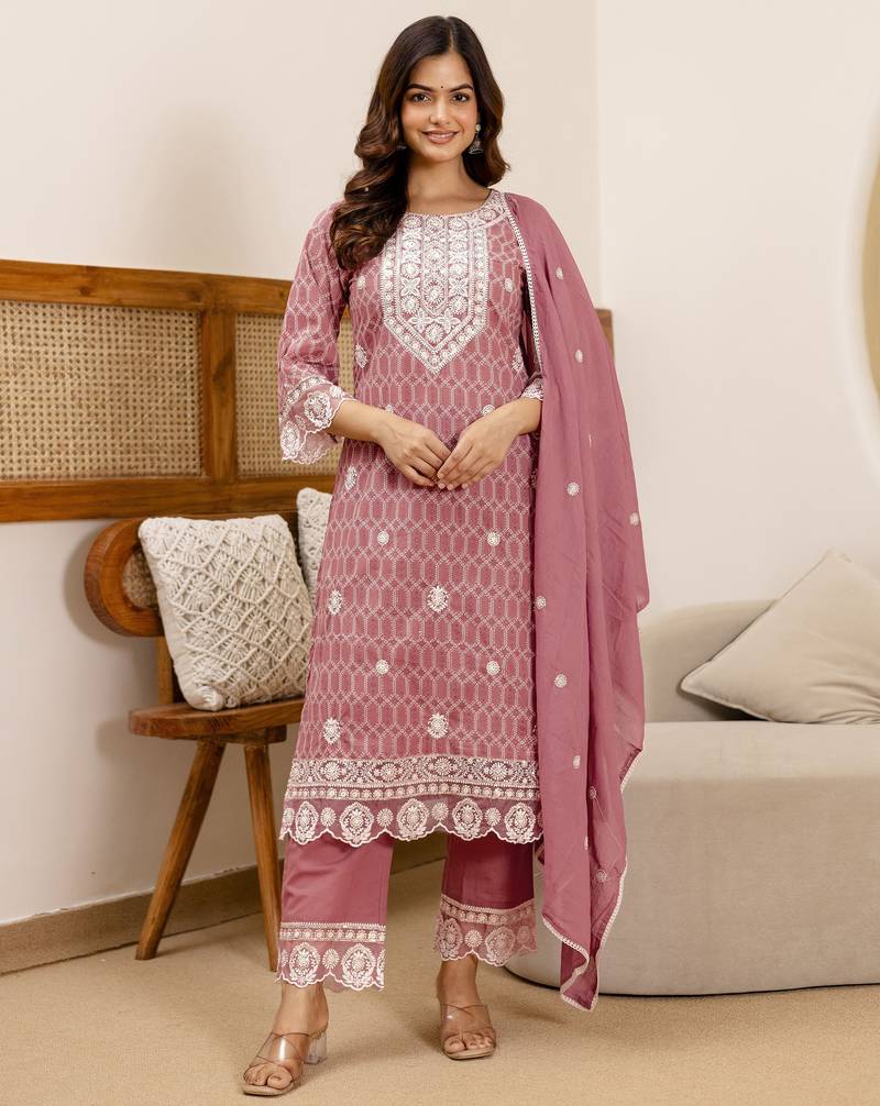 women's pure cotton embroidery work printed kurta pant with dupatta set