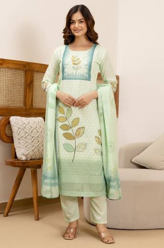 women's pure cotton chikankari embroidery work printed kurta pant with dupatta set