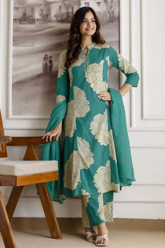 women's pure cotton embroidery work printed kurta pant with dupatta set