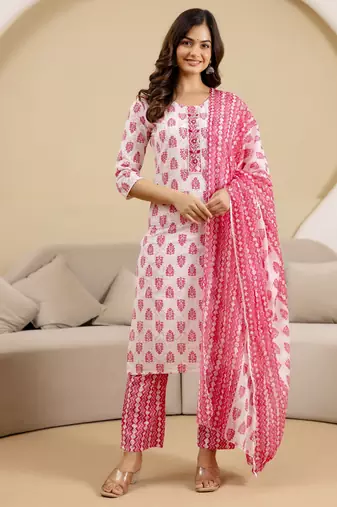 women's pure cotton embroidery work floral printed kurta pant with dupatta set