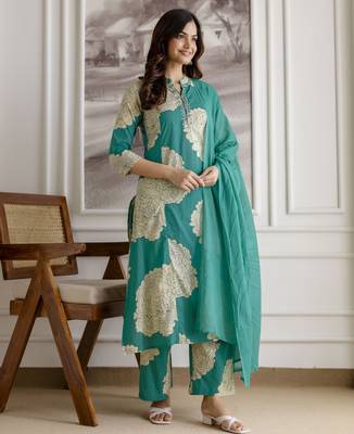 Trendmalls women's pure cotton embroidery work printed kurta pant with dupatta set 3