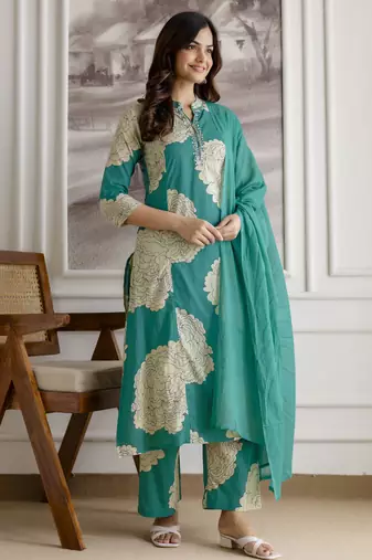 Trendmalls women's pure cotton embroidery work printed kurta pant with dupatta set
