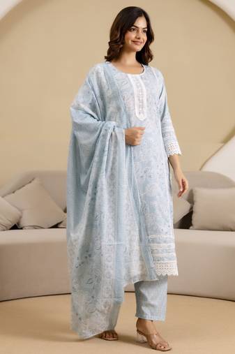 women's pure cotton floral printed kurta pant with dupatta set