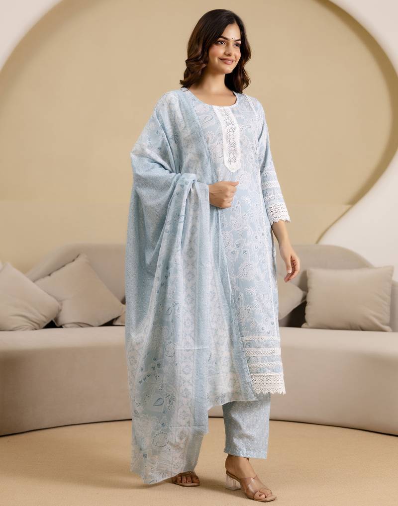 women's pure cotton floral printed kurta pant with dupatta set