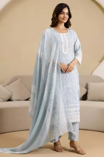 Trendmalls women's pure cotton floral printed kurta pant with dupatta set