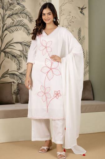 women's pure cotton embroidery work kurta pant with dupatta set