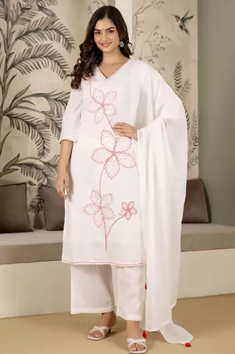 women's pure cotton embroidery work kurta pant with dupatta set