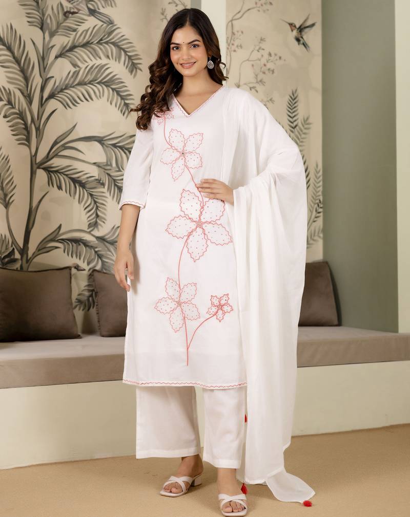 women's pure cotton embroidery work kurta pant with dupatta set